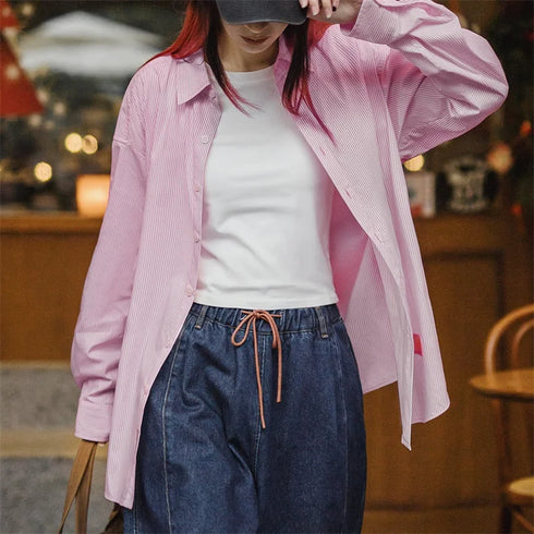 Casual Pink and White Striped Hollow Out Shirt – Women's Spring Oversized Vacation Blouse
